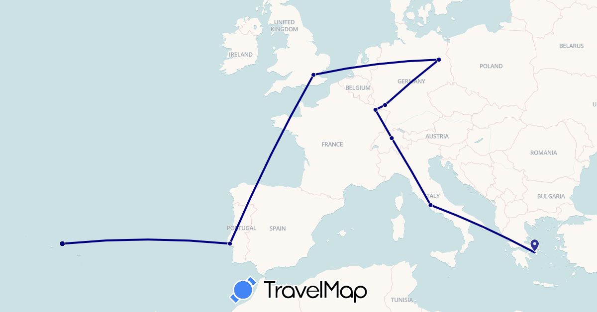 TravelMap itinerary: driving in Switzerland, Germany, France, United Kingdom, Greece, Italy, Portugal (Europe)